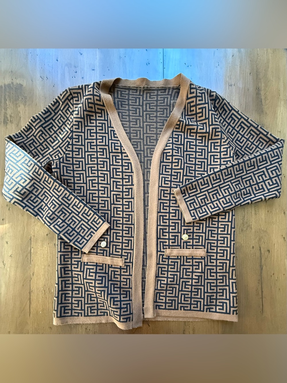 Kelly Obi Geometric Pattern Open Cardigan in Brown and Black with Brown Belt